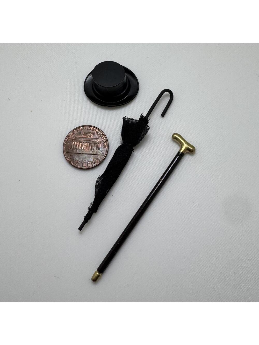 Miniature Umbrella Cane Top Hat Dollhouse Gentleman Old Man Fancy Fairy Garden